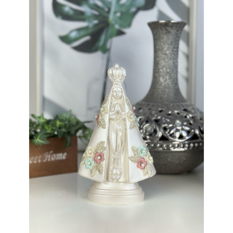 imagem nossa senhora aparecida 22cm manto bordado perola guipir gesso