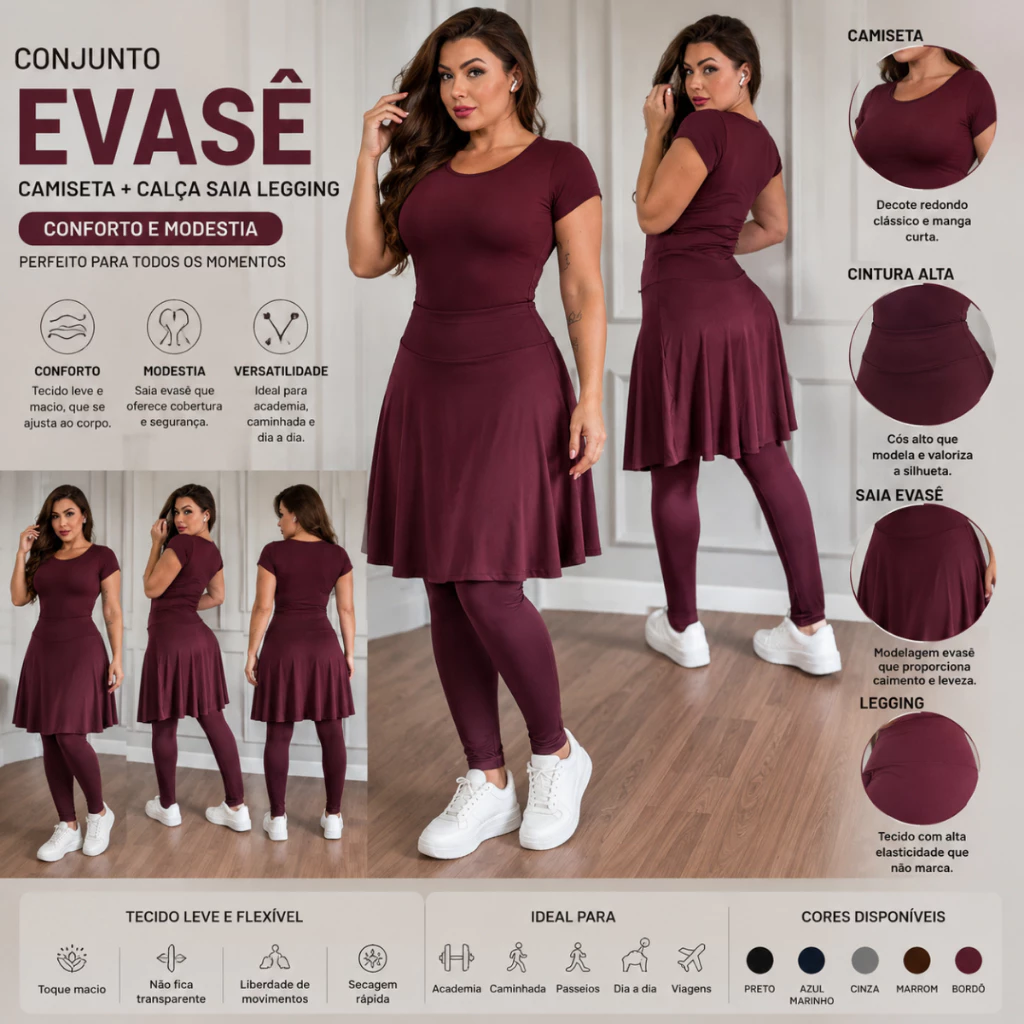 Conjunto Camiseta + Calça Saia Legging Evasê Evangélica Fitness Academia Caminhada Modesta — imagem 1