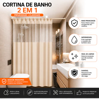 Cortina Box Banheiro 140cm X 193cm PVC Com/Sem Visor Transparente Anti Mofo Impermeável Fácil de Lim