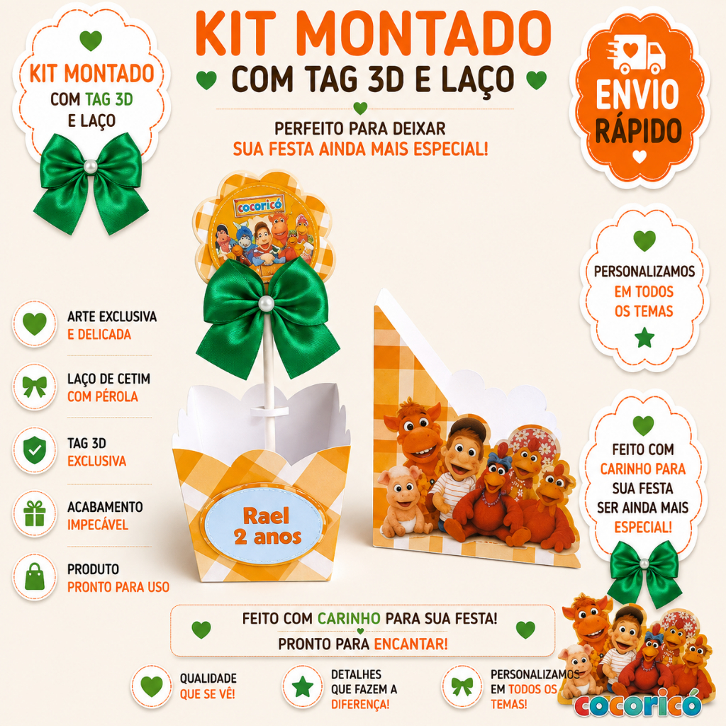 KIT CENTRO DE MESA COCORICO CACHEPO,GUARDANAPO CAIXINHAS,PERSONALIZADOS