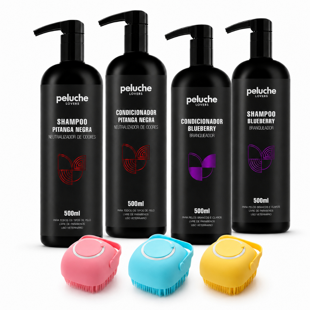 Shampoo e Condicionador Pet 500ml Branqueador Blueberry ou Pitanga Negra Peluche Cães