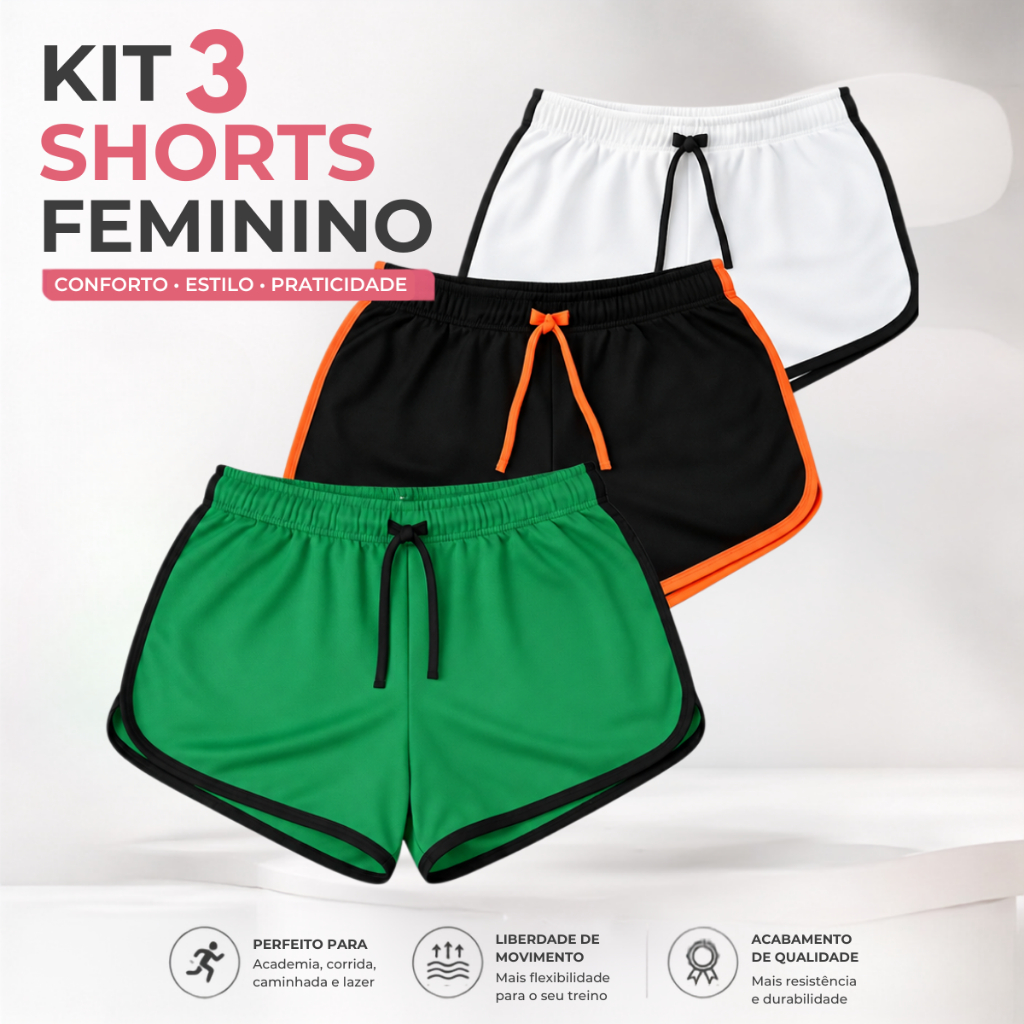 Kit 3 Shorts Fitness Feminino Dry Fit Academia Corrida Caminhada Leve Confortável