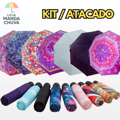 KIT Guarda Chuva Sombrinha reforçada bolsa dobravel grande resistente estampada preta atacado