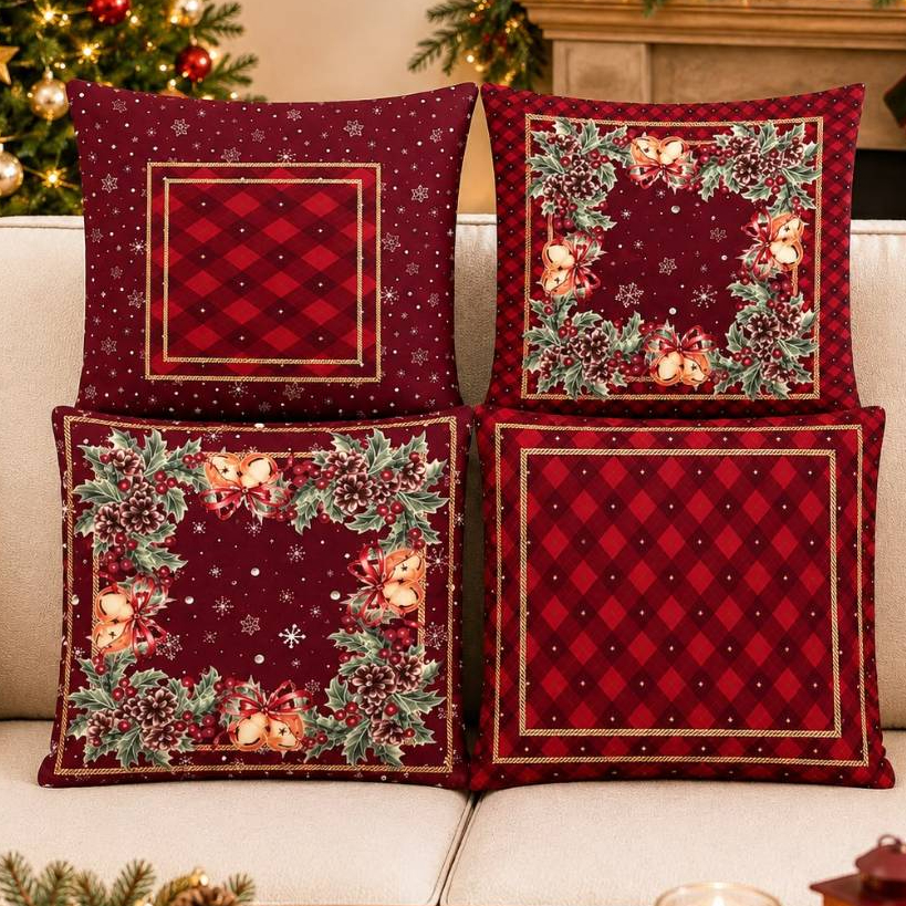 Kit 4 Capas de Almofada Natal 45x45 Decorativa Estampas Natalinas Zíper