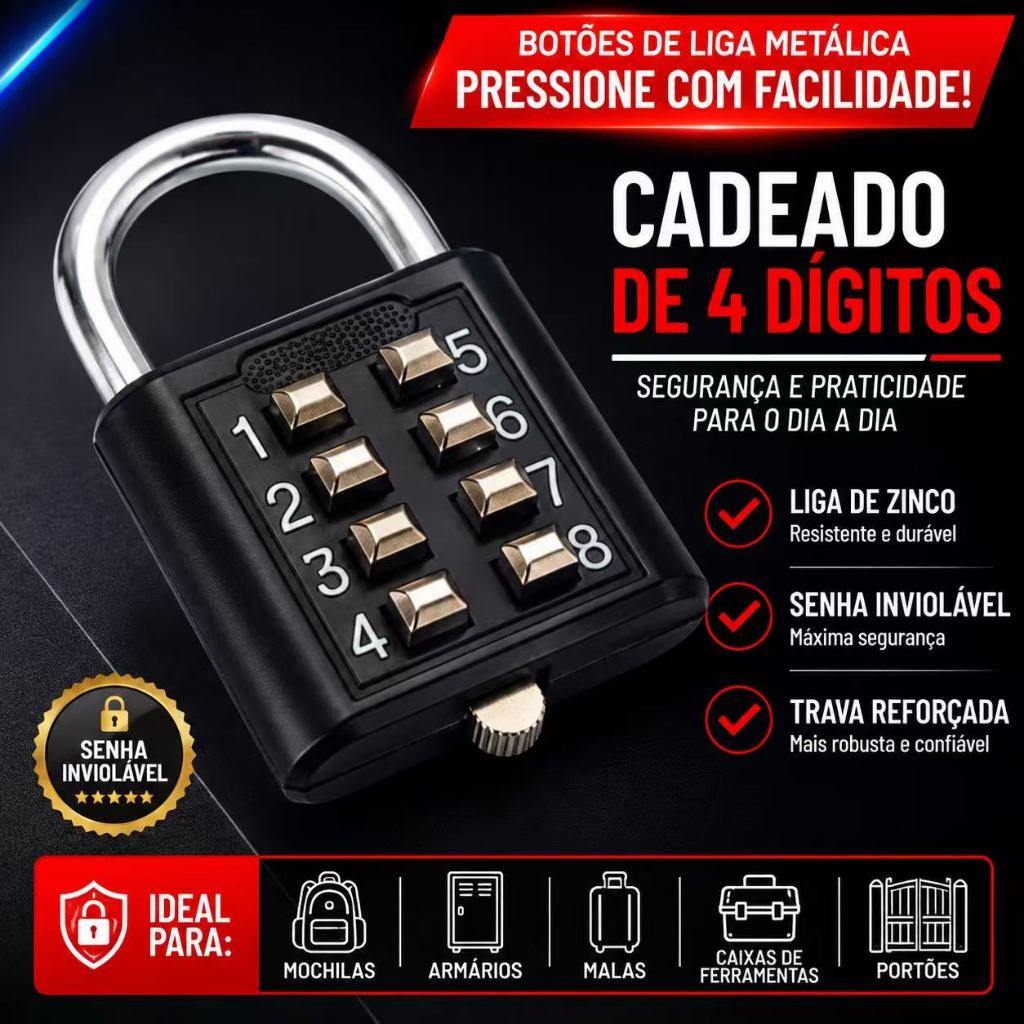 Cadeado Alta Resistência Botão Senha Prova D'água 8 digítos Sem Chave Uso Diári
