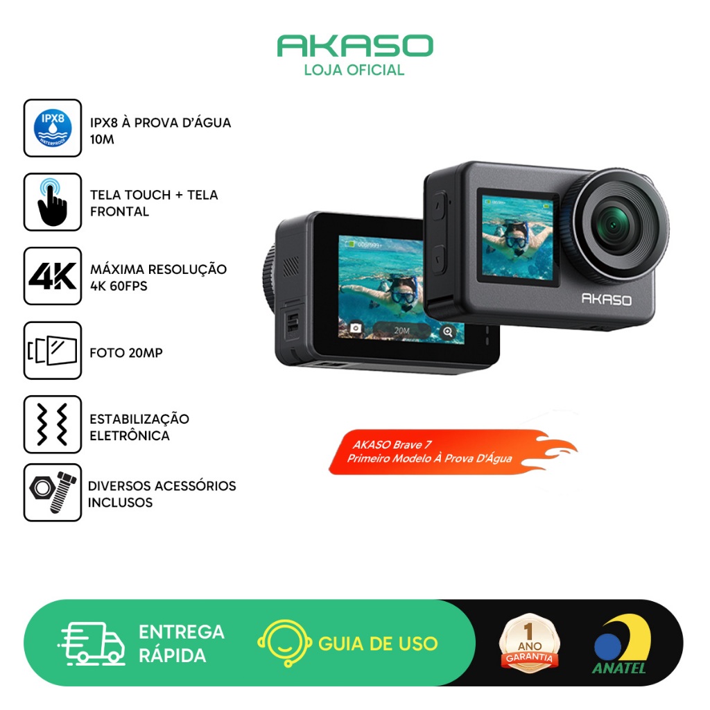 Câmera Ação AKASO Brave 7 4K60fps 20MP c/ Tela Touch e Frontal IPX8 EIS Wi-Fi Remote e Mic Externo