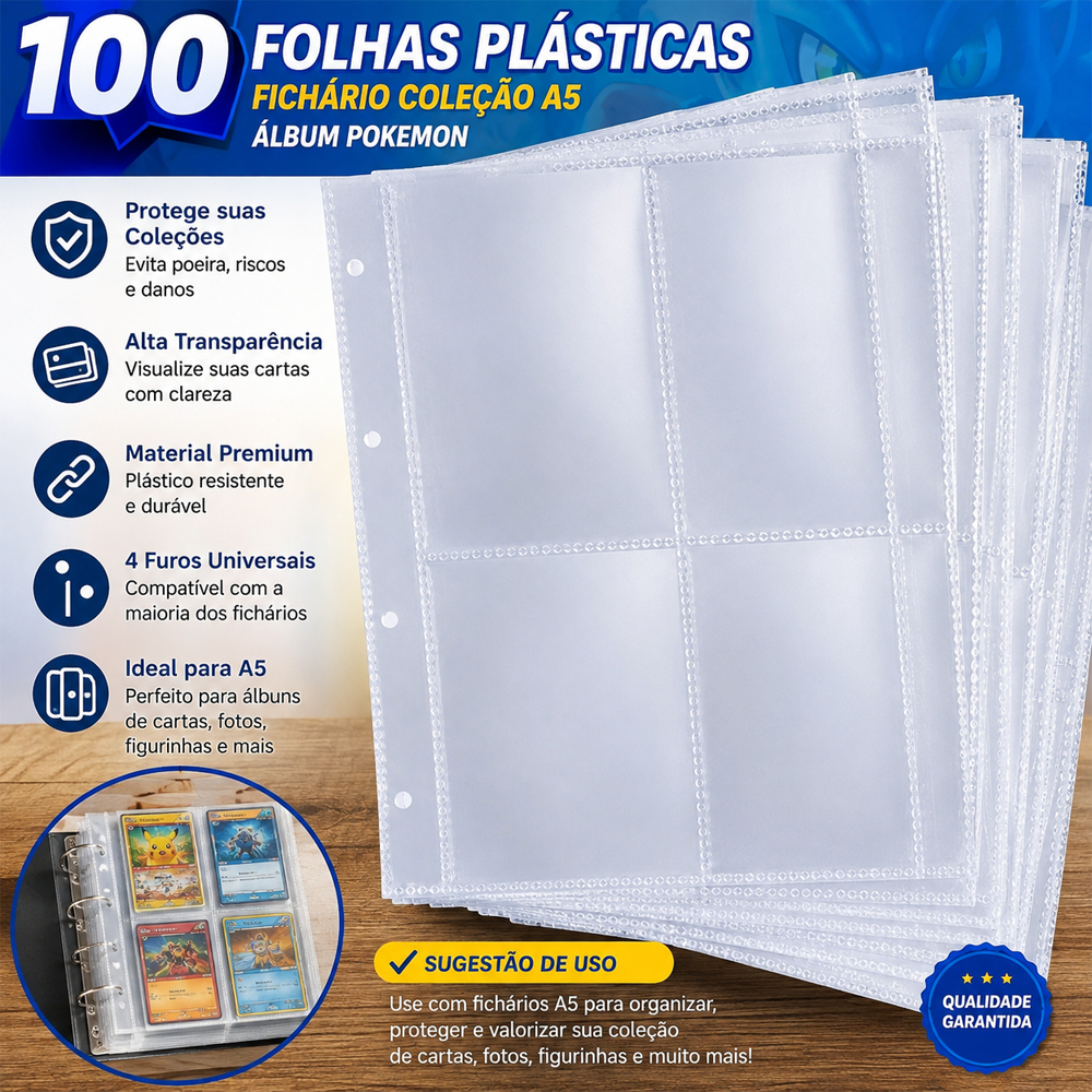 100 Folhas para Fichário A5 Álbum Pokémon Cartas TCG Plástico Transparente Alta Qualidade