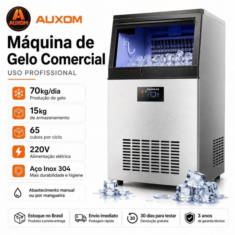 Máquina de Gelo Comercial AUXOM 70kg/dia 220V Painel Digital Aço Inox 304 Profissional