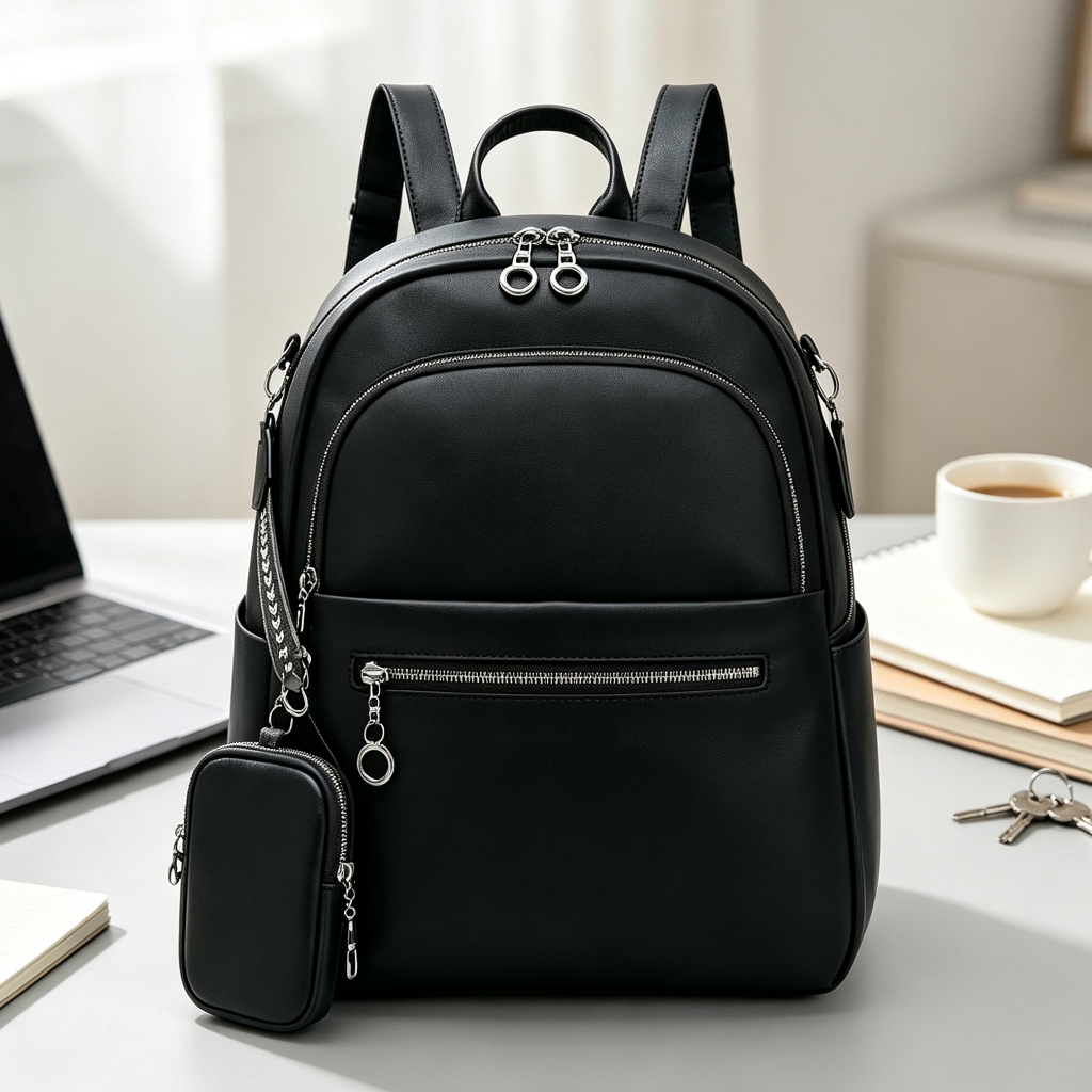 Mochila unissex couro sintético com bolsinha auxiliar, vários compartimentos, leve para trabalho e viagens
