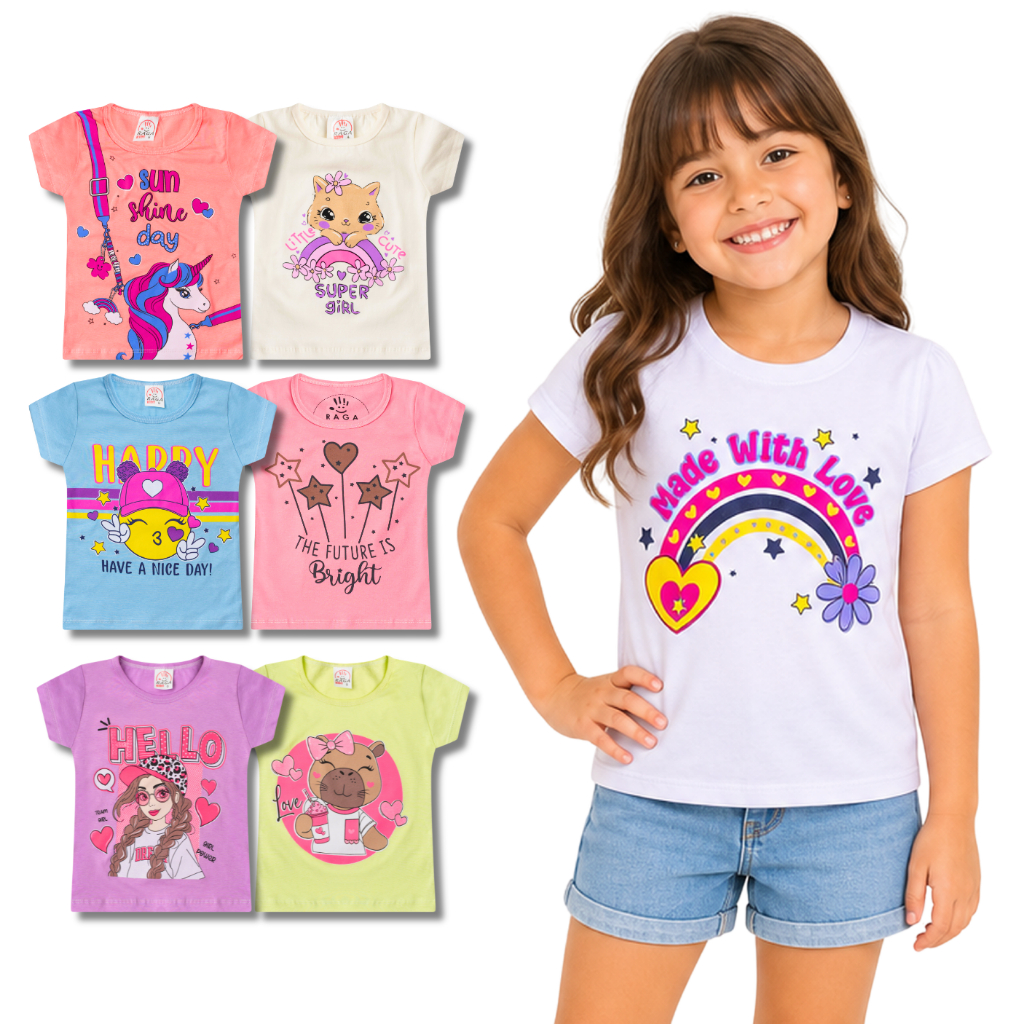 Kit 6 Camisetas Femininas Infantil e Juvenil Manga Curta Estampadas Sortidas do Tamanho 1 ao 14