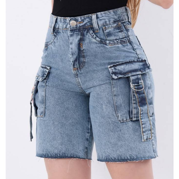 Short Bermuda Jeans Feminina Cargo Cintura Alta Shorts Jeans Com Bolsos Laterais Tendência