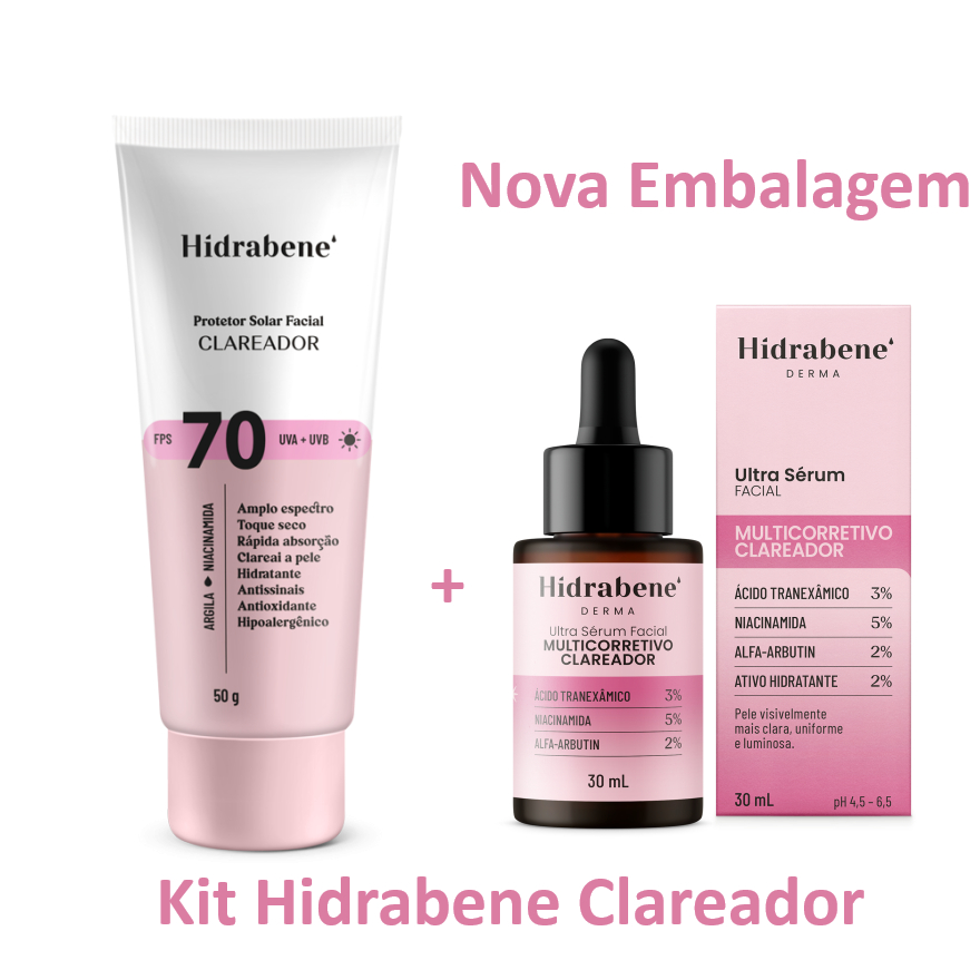 Kit Clareador de Manchas Faciais Hidrabene 1 Protetor Solar Facial 70 Clareador Hidrabene  + 1 Sérum Clareador Hidrabene