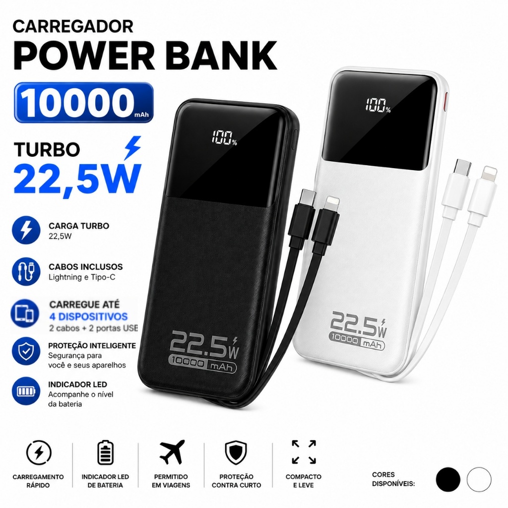 Carregador Power Bank 10000mAh Turbo 22,5W Portátil 2 Cabos Tipo-C Lightning iPh