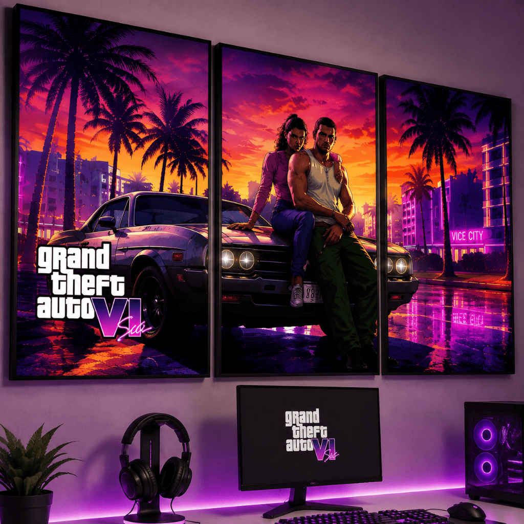 Quadro GTA 6 Grand Theft Auto VI 3 Peças Decoração Quarto Gamer Poster Gamer Parede