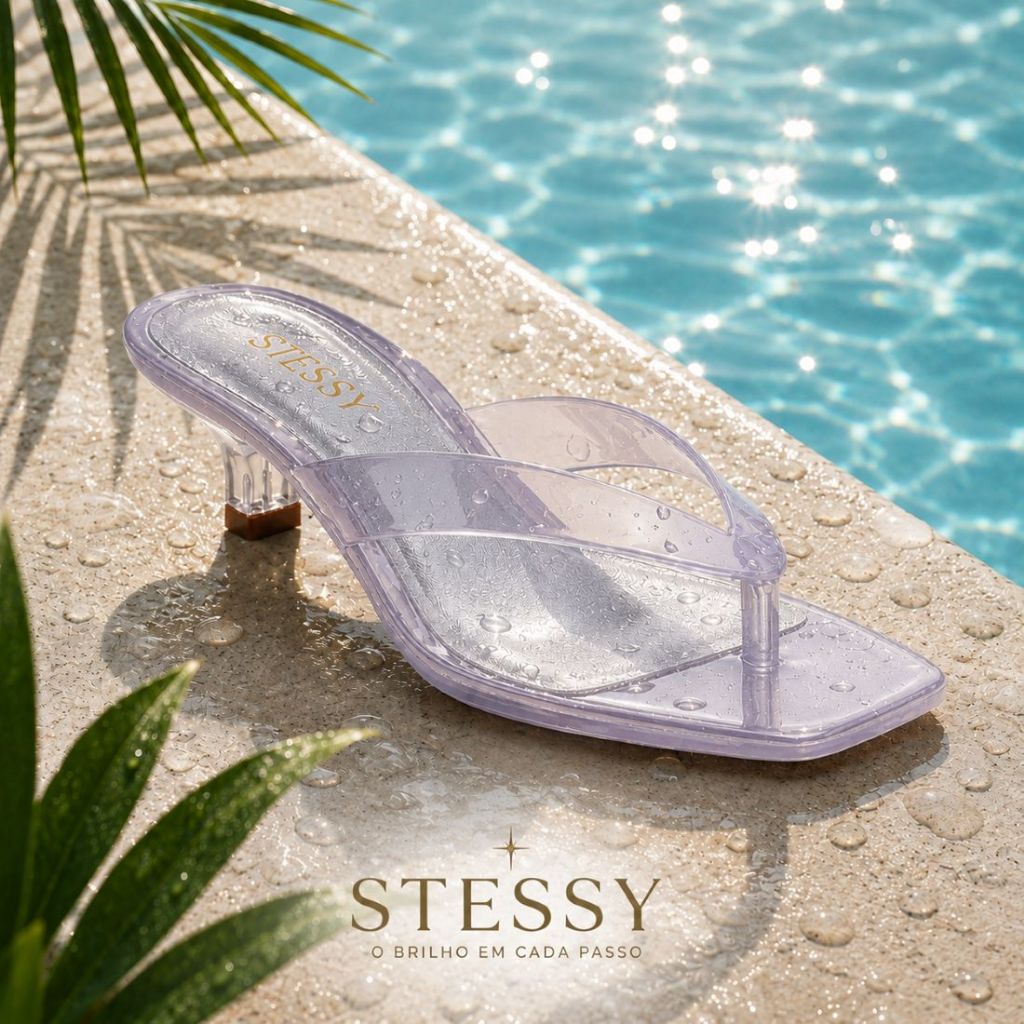 Tamanco Feminino Jelly Thong Cristal Transparente Jelly Salto Kitten Heel Santin