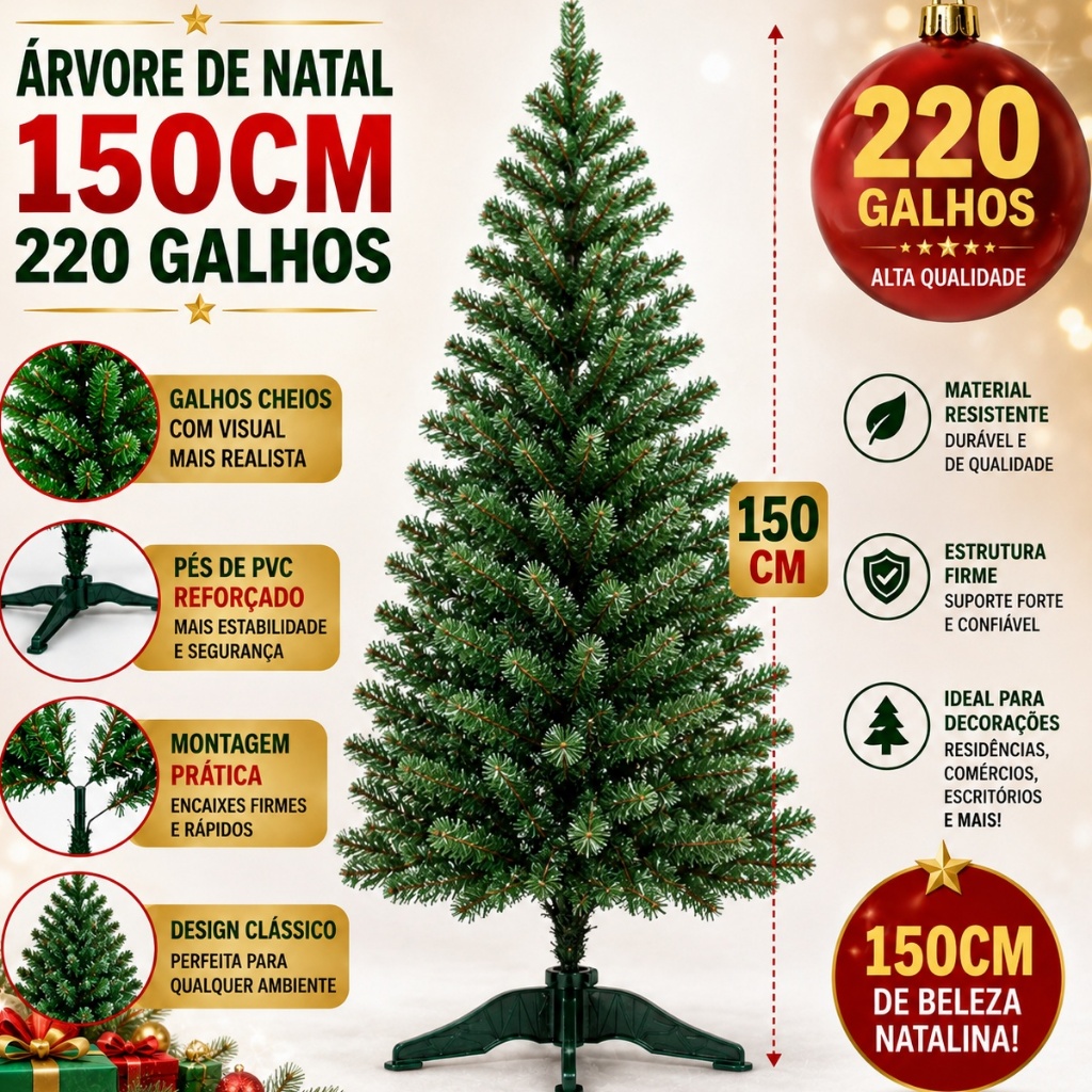 Arvore de Natal Decorada 150cm 220 Galhos + 70 Enfeites Completa Enfeitada Pinheiro Verde Pisca Led Decoração Top — imagem 2 de 2