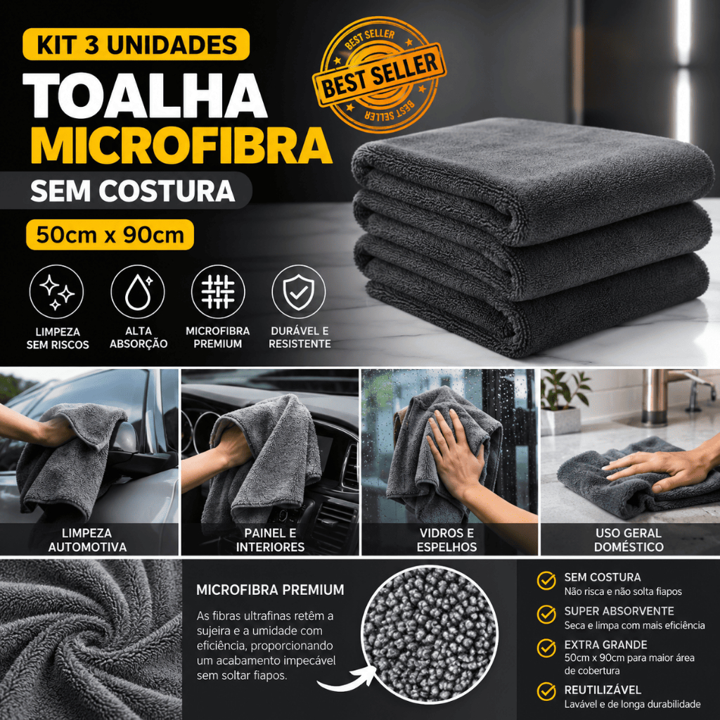 Kit Toalha Microfibra Sem Costura Cinza 50x90 Sigma Tools Toalhao Grande Premium Secagem