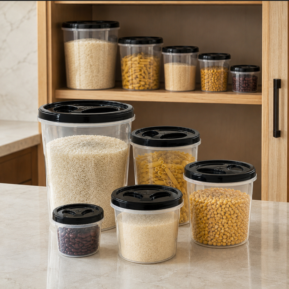 Kit 5 Potes para Mantimentos com Tampa de Rosca BPA Free Transparente Preto ou Branco para Cozinha