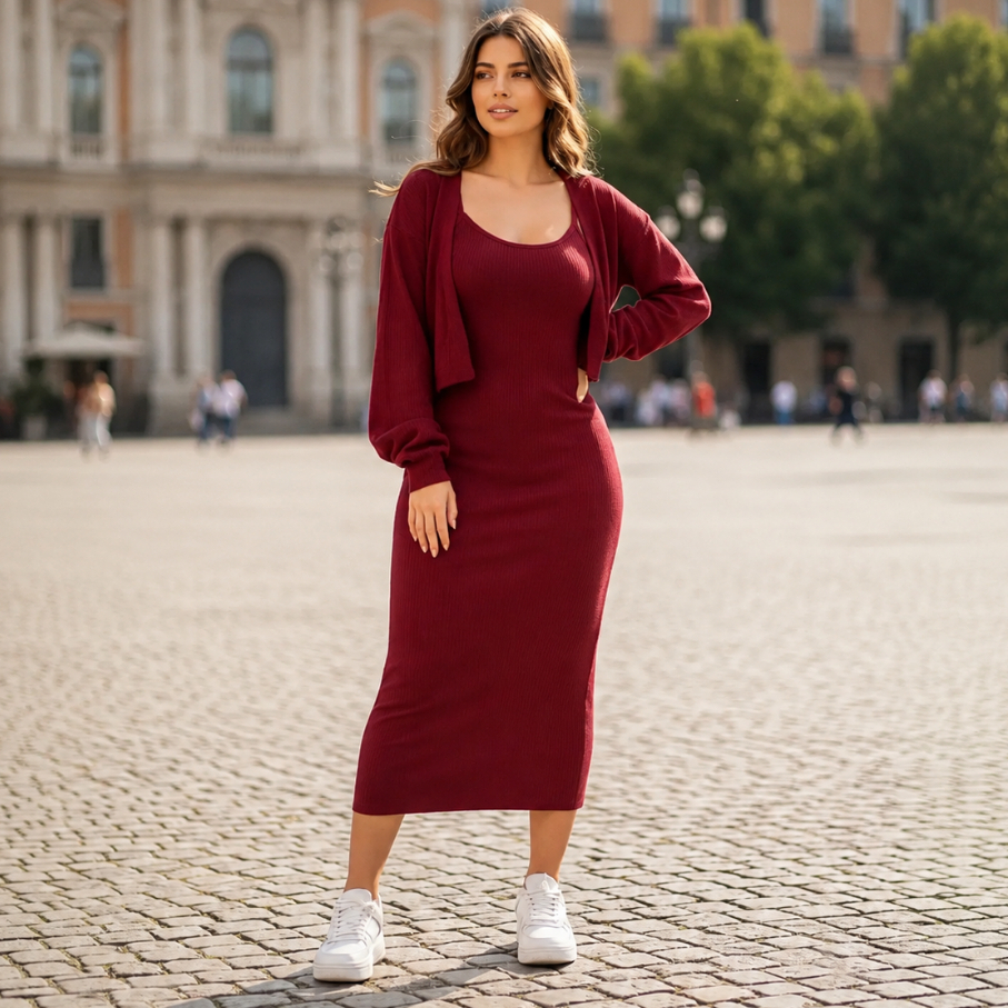 Conjunto Vestido Alça Fina Midi Canelado C Casaco Cardigan Feminino Longo Moda Evangélica Blogueira