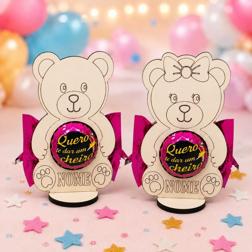 Kit 30 porta Bombom Ursinho e Ursinha Personalizado MDF Lembrancinha Aniversário Infantil com Nome Tema Chá Revelação