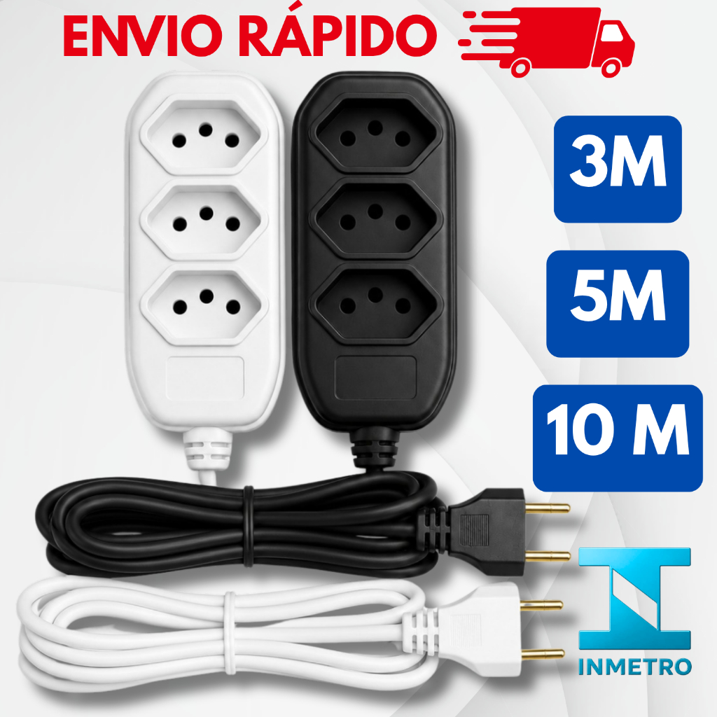 Extensão elétrica 10 5 3 2 metros bivolt 110v/220v padrão brasileiro 3 pinos