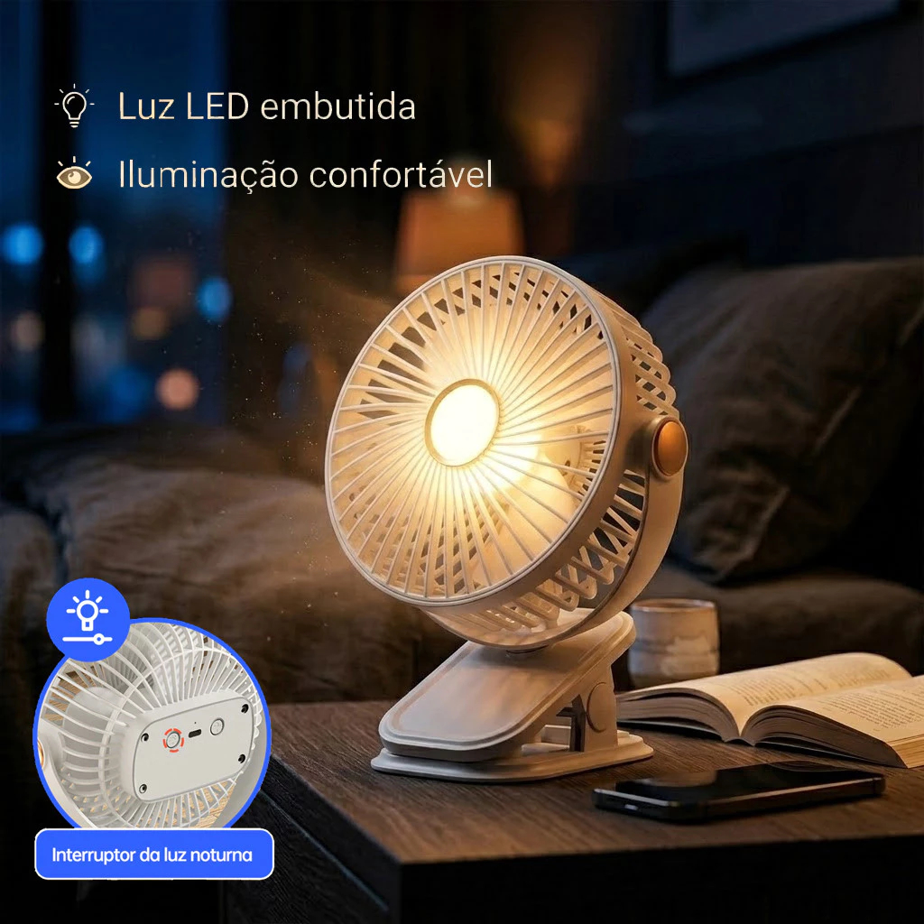 Ventilador de Mesa Portátil Mini 5 Velocidades Recarregável USB com Luz LED Silencioso para Casa, Escritório e Viagem