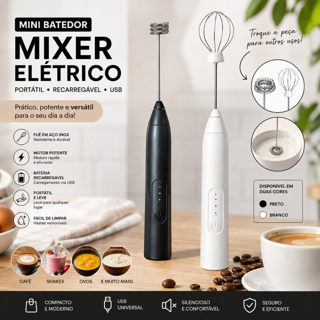 Mini Batedor Mixer Elétrico Portátil Recarregável USB com Fuê Inox para Café Shakes e Ovos
