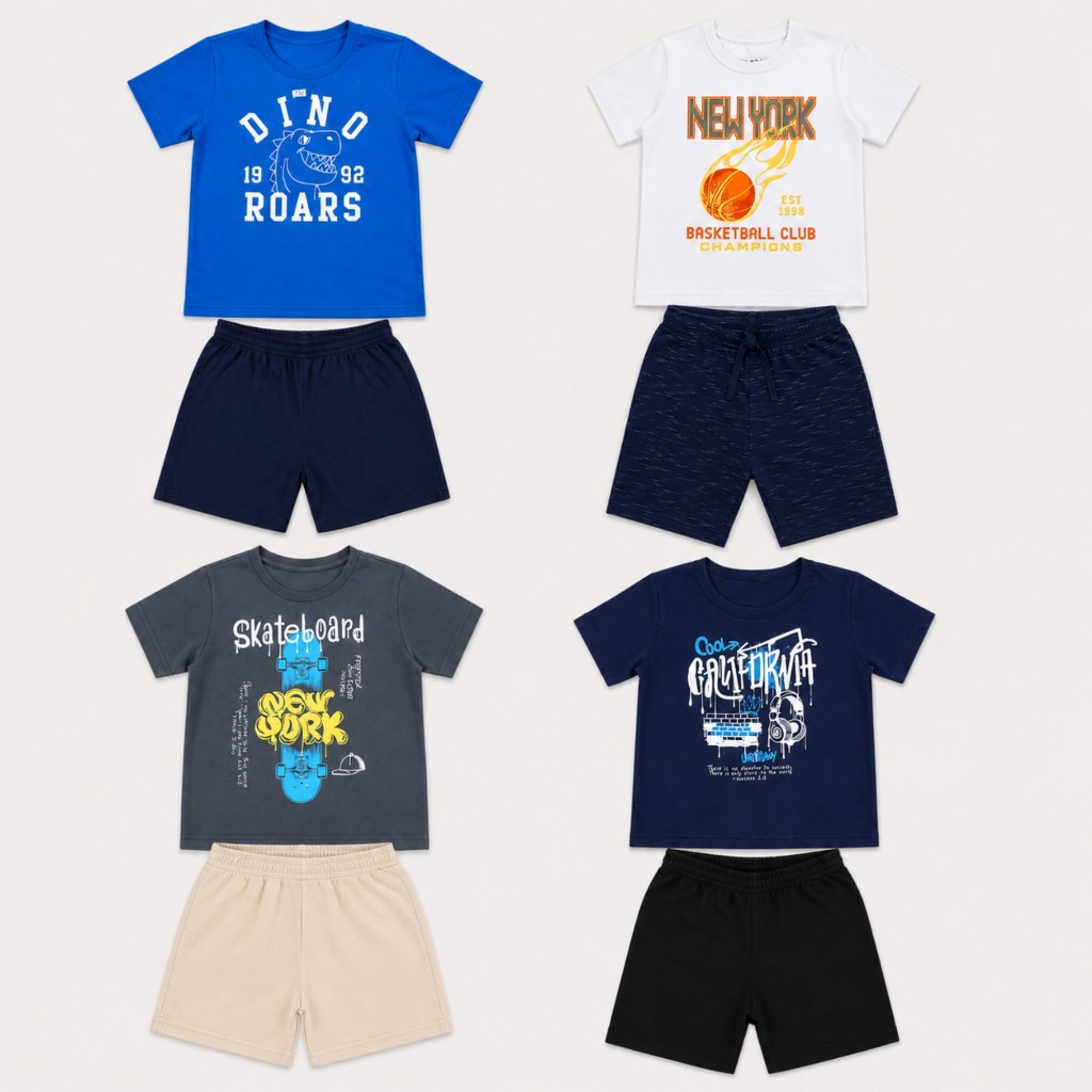 Kit 4 Conjuntos Infantil Masculino Verão Sortido Blusa + Bermuda Tam. 1 ao 8 Anos Roupa Infantil Menino