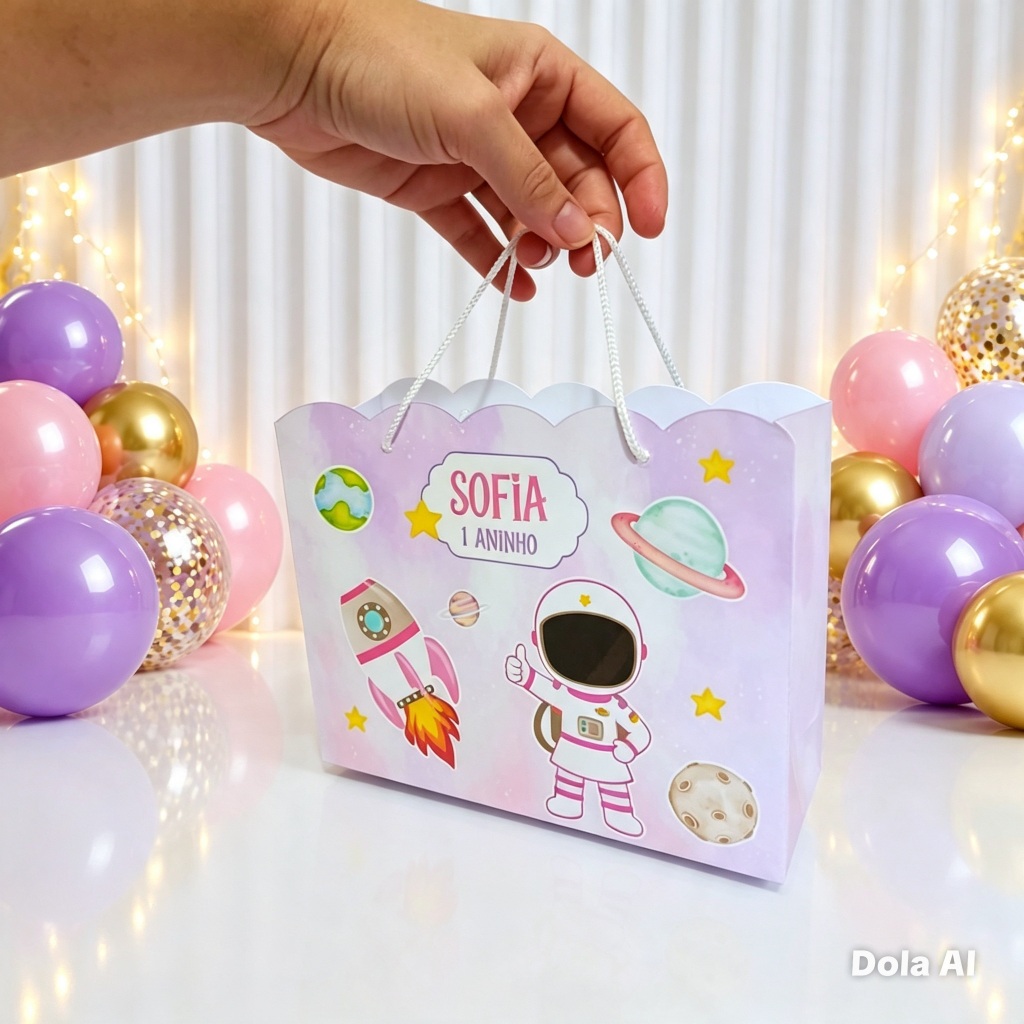 Sacolinha Surpresa Astronauta Menina Rosa Personalizado  Lembrancinha Aniversário Festa Infantil
