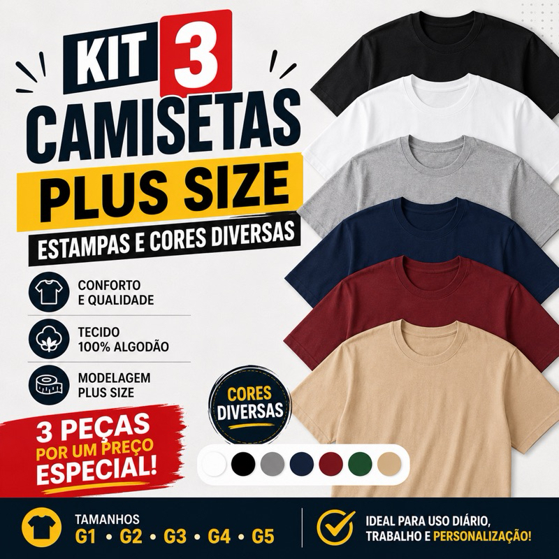 Kit 3 Camisetas Plus Size Estampadas G1 ao G5 100% Algodão Cores e Estampas Diversas Masculina