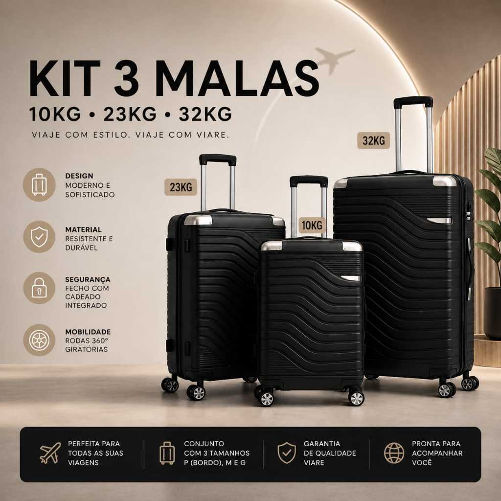 Kit Conjunto 3 Malas De Viagem Pmg Resistente Premium Pequena 10kg E Media 23kg E Grande 32kg