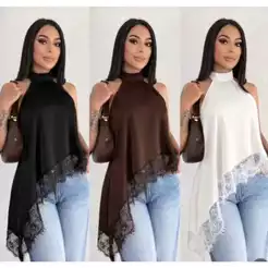 Blusa Feminina Gola Alta Assimétrica Com Renda Elegante Moda Feminina Tendência Verão