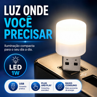 Mini Luminária LED USB 1W Portátil Luz Noturna para Quarto Notebook Power Bank Plug and Play