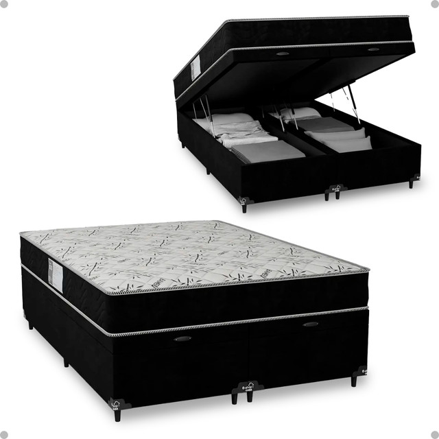 Cama Box Baú Casal Bipartido + Colchão D33 One Face - Suede Preto