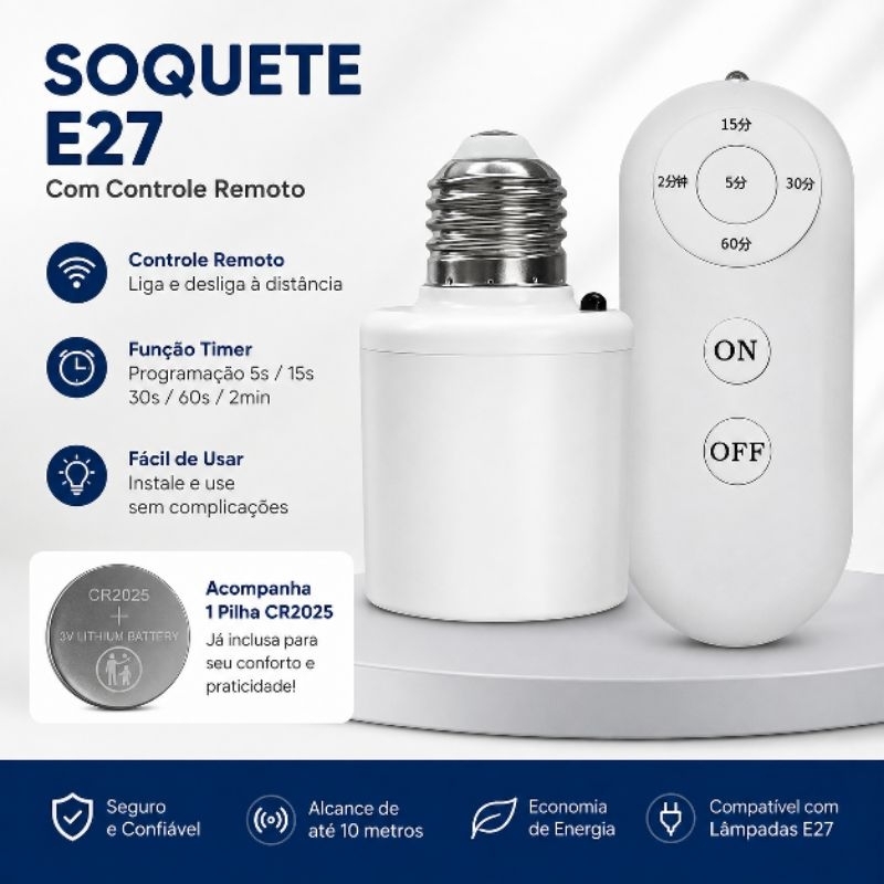 Soquete E27 Controle Remoto Timer Sem Fio Liga Desliga Lâmpada Bivolt