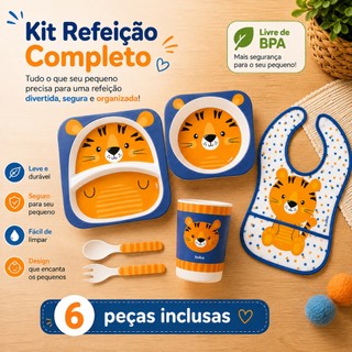 Kit Refeição Infantil 6 Peças Fibra de Bambu Livre de BPA Prato Tigela Copo Babador Colher e Garfo Tigrinho