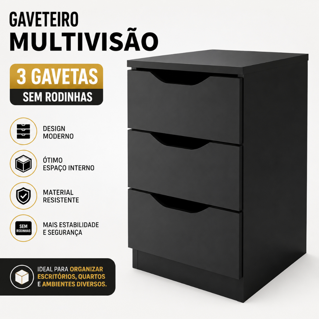 Gaveteiro Multivisão 3 Gavetas sem Rodinhas Organizador para Escritório e Quarto