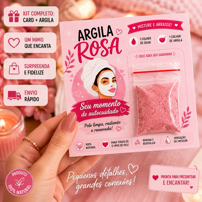 Kit Argila Rosa Facial + Card Lembrancinha Cliente Skincare 30 50 100 Unidades