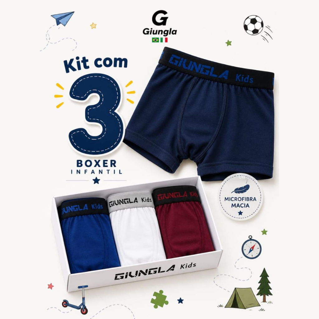 Kit 3 Cuecas Boxer Infantil para Meninos Microfibra Lisa Cueca Box Giungla Kids
