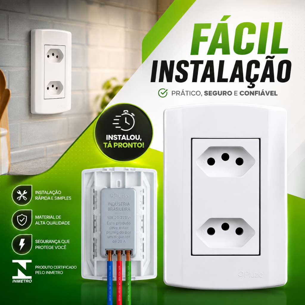 Tomada 20A Amperes Dupla Fácil Instalação 4x2 Branca Pluzie Pino Grosso Microondas