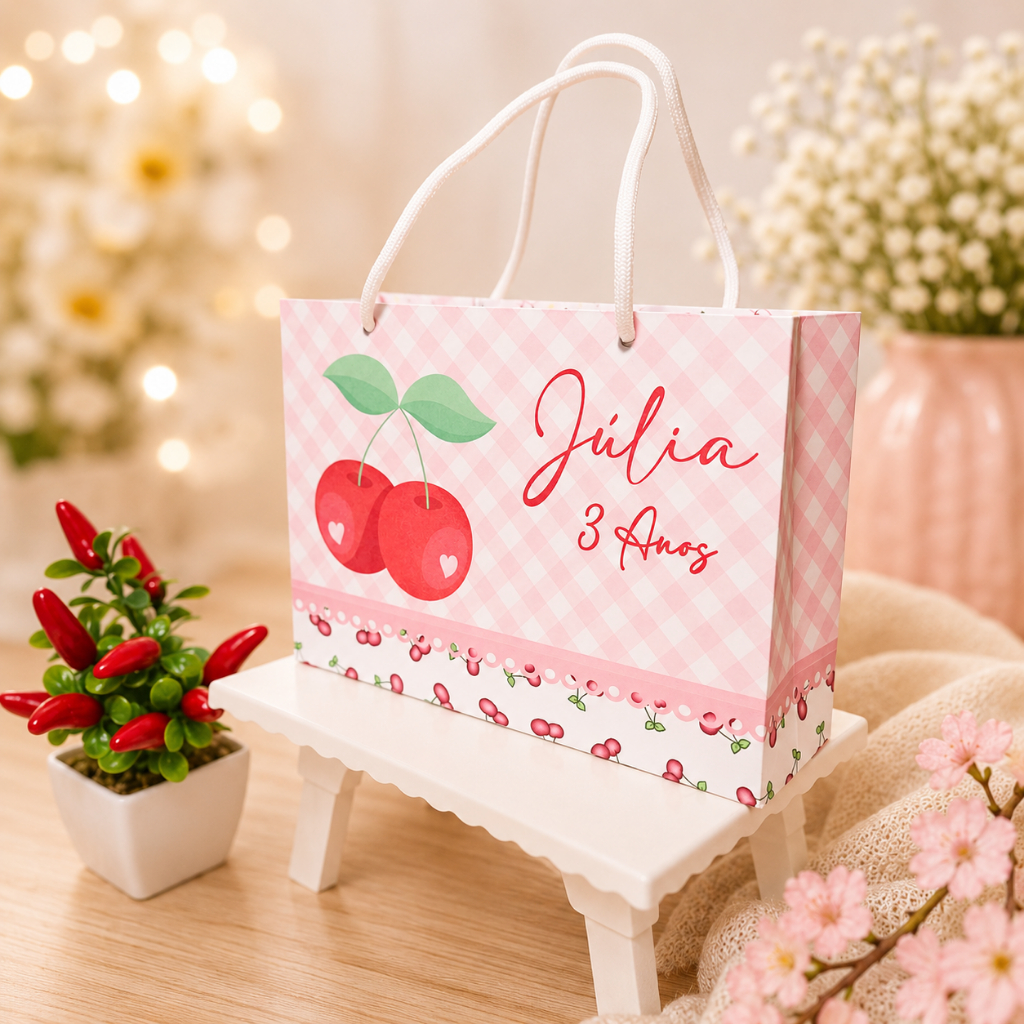 Kit Sacolinhas Personalizadas / sacolinha para lembrancinha / sacolinha surpresa / tema cerejinha (20x15,5x7)