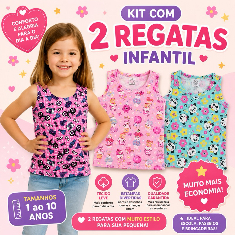 Kit 2 Regatas Infantil Sortida Estampada Cotton Meia Manga Menina 1 ao 10 Estampada Básica