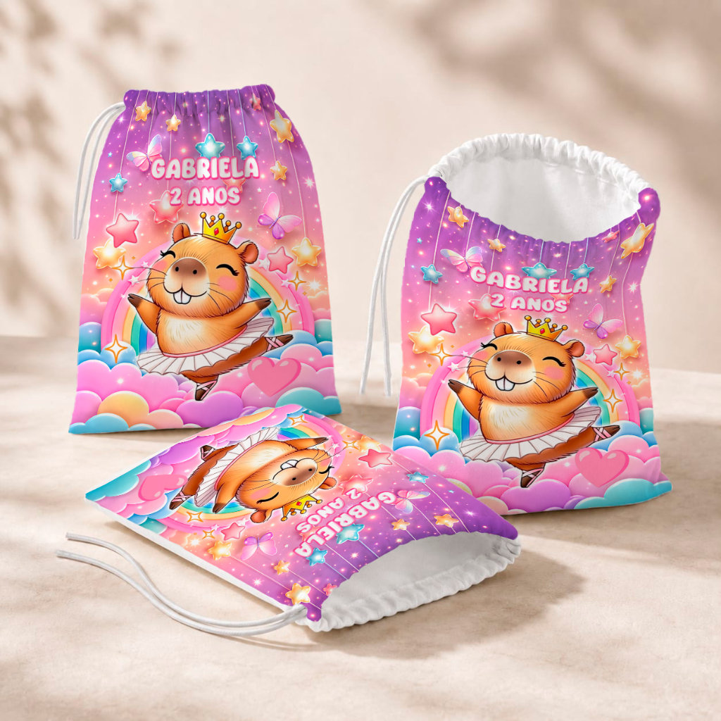 20 Sacolinhas Personalizada Festa Infantil 18x26 Aniversário Lembrancinha Capivara Cute Bailarina