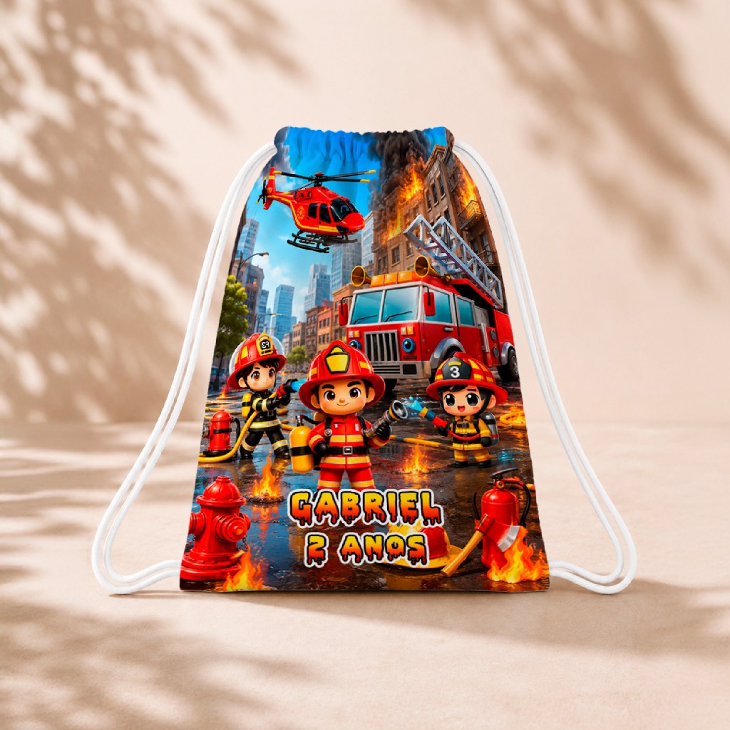 10 Mochila Personalizada Infantil 18x26 Sacolinhas Surpresa Festa Aniversário Lembrancinha Bombeiros M1