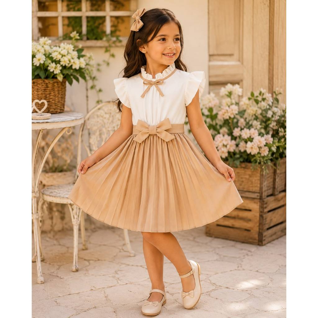 Vestido Infantil Feminino Plissado com Laço Menina Princesa Festa Aniversário Casamento 1 ao 12 Anos