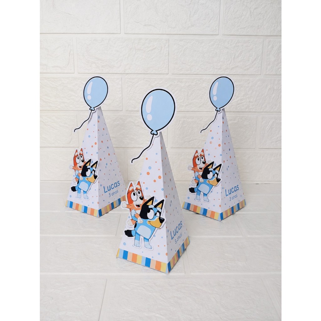 Kit Caixinhas Pirâmide personalizadas BLUEY E BINGO (Azul) - Lembrancinha de Festa Infantil