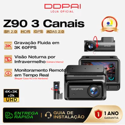 DDPAI Z90 3 Canais Câmera Veicular 4K + 3K + 2K Visão Noturna IR com 3" Tela Suporte a Monitoramento Remoto