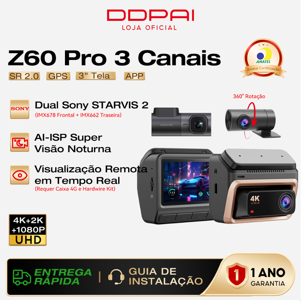 DDPAI Z60 Pro Câmera Veicular 3 Canais 4K+ 2K+ 1080P Sony sensor HDR WiFi GPS Visão Noturna