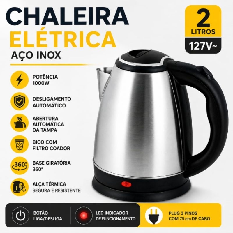 Chaleira Elétrica Inox 2,0L Grande / 110V Jarra Elétrica Base 360° Resistência Oculta Luz LED Desligamento Automático.