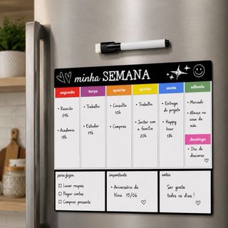 Planner Magnético Personalizado Semanal - Lousa Lembrete Ímã Geladeira - 13x20cm com Caneta escreve a apaga com imã